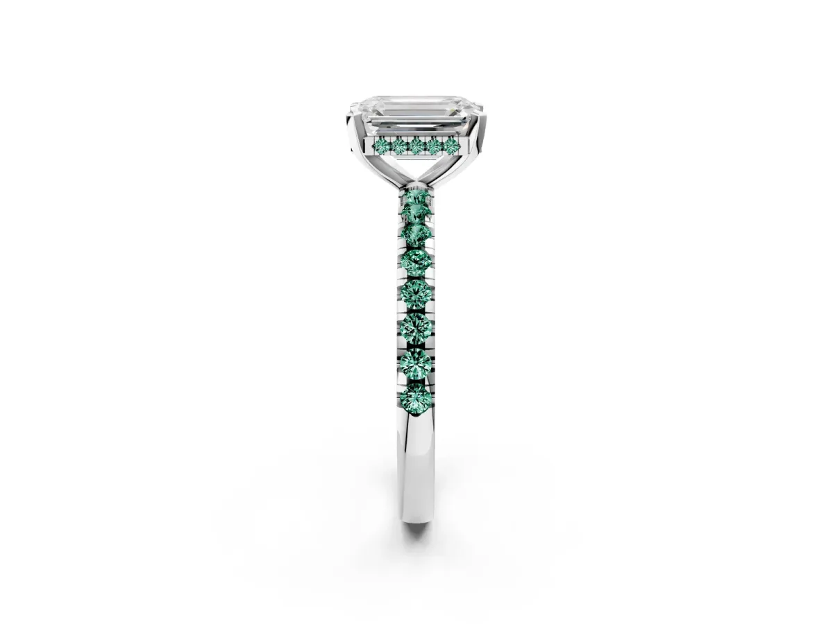 Emerald Cut Diamond Solitaire Ring with Round Green Sapphire Pavé Band and Four-Prong Setting Silver