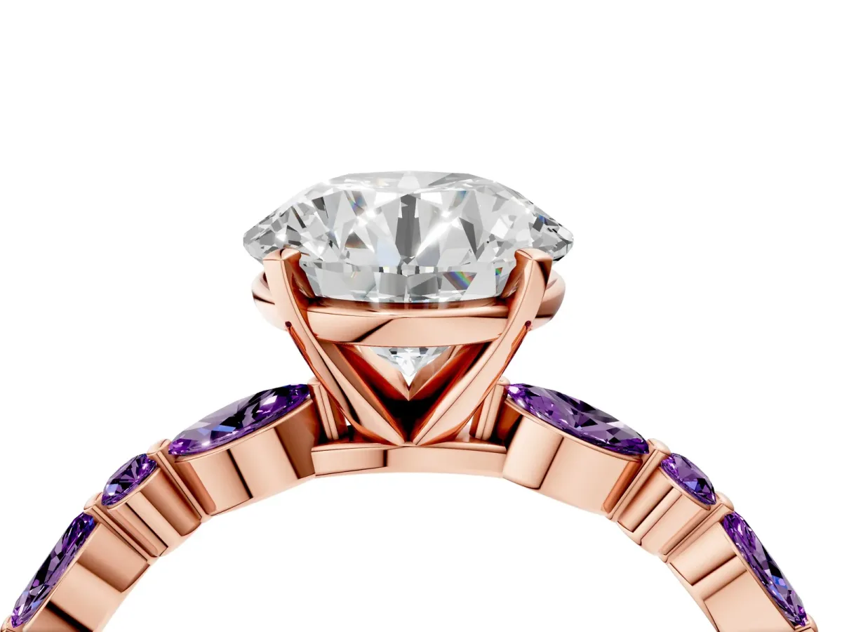 Round Cut Diamond Ring with Marquise and Round Amethyst Side Stones and Four-Prong Setting Rose gold