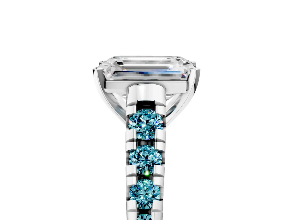 Emerald Cut Diamond Cathedral Solitaire Ring with Round Blue Topaz Pavé Band Platinum