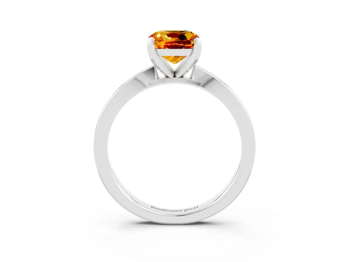 Cushion Cut Citrine Solitaire Engagement Ring with Classic Band and Four-Prong Setting Platinum