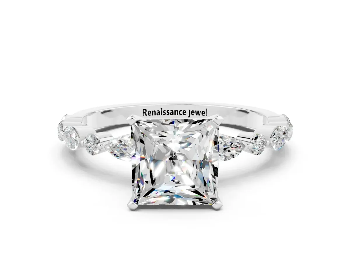 Princess Cut Moissanite Ring with Marquise and Round Side Stones and Four-Prong Setting Silver