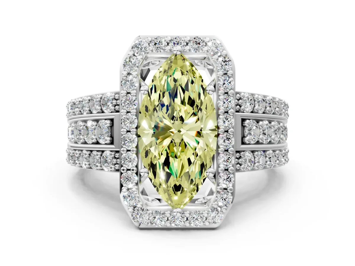 Fancy Yellow Marquise Cut Halo Diamond Ring with Round Split Shank and Prong Setting White gold