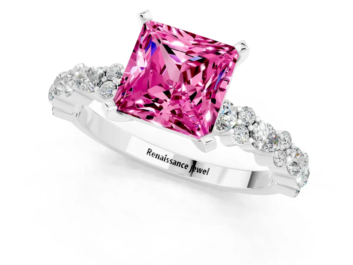 Princess Cut Pink Sapphire Side Stone Solitaire Ring with Round and Four-Prong Setting Platinum