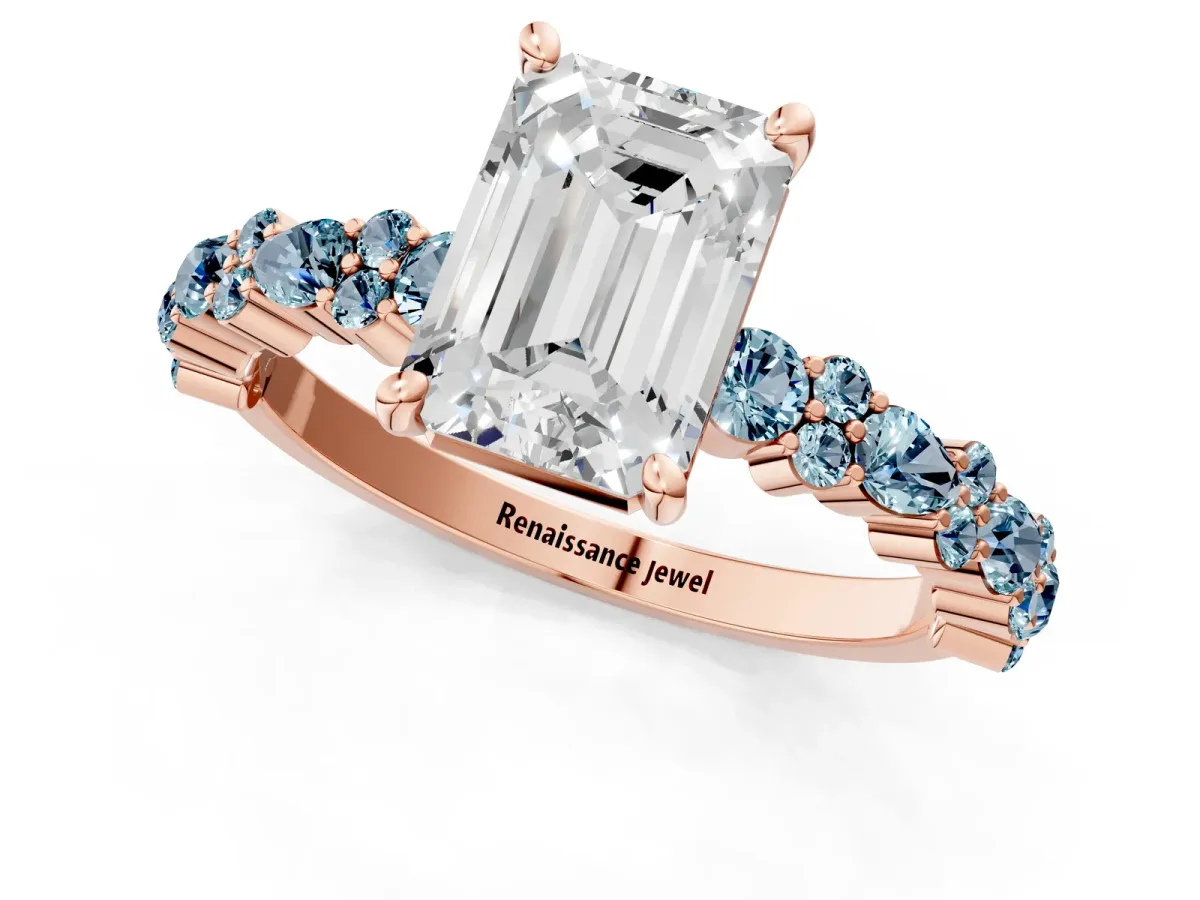 Emerald Cut Diamond Side Stone Solitaire Ring with Round Aquamarine and Four-Prong Setting Rose gold