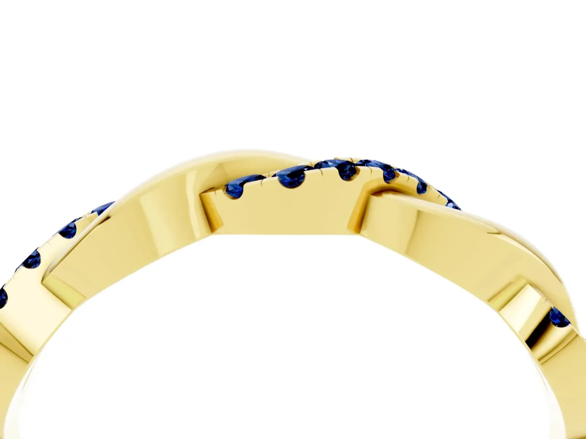 Pavé Round Blue Sapphire Twist Eternity Band with Shared Prong Setting Yellow gold