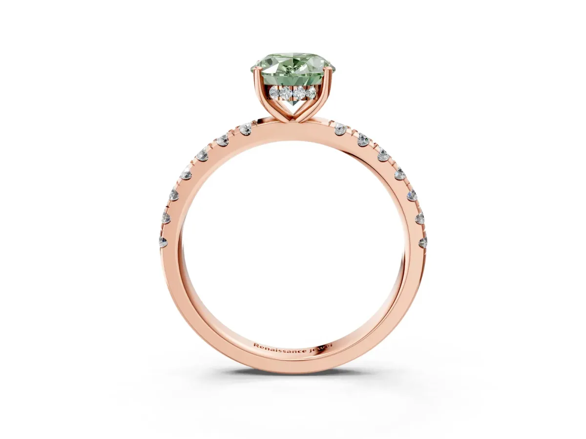 Fancy Green Oval Cut Diamond Pave Band Solitaire Ring with Round and Prong Setting Rose gold