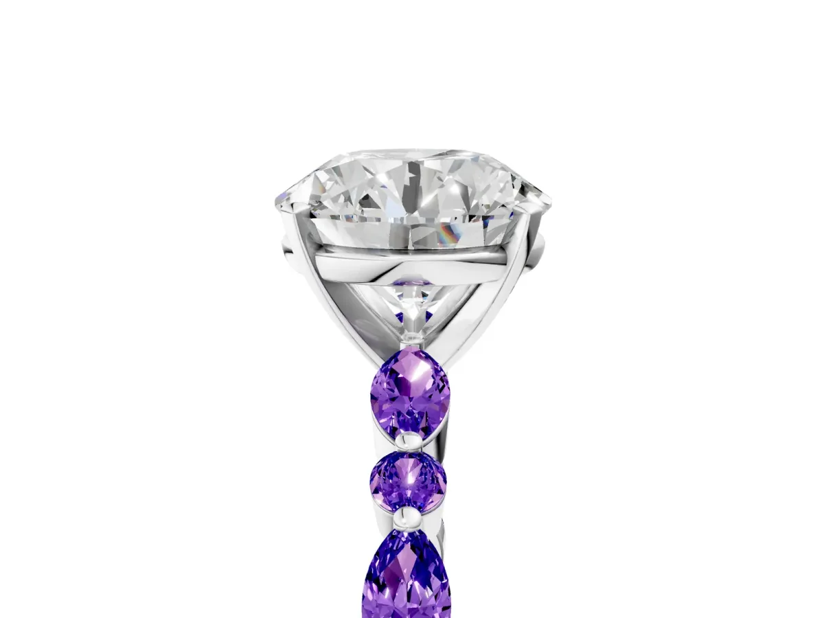 Round Cut Diamond Ring with Marquise and Round Tanzanite Side Stones and Four-Prong Setting Silver