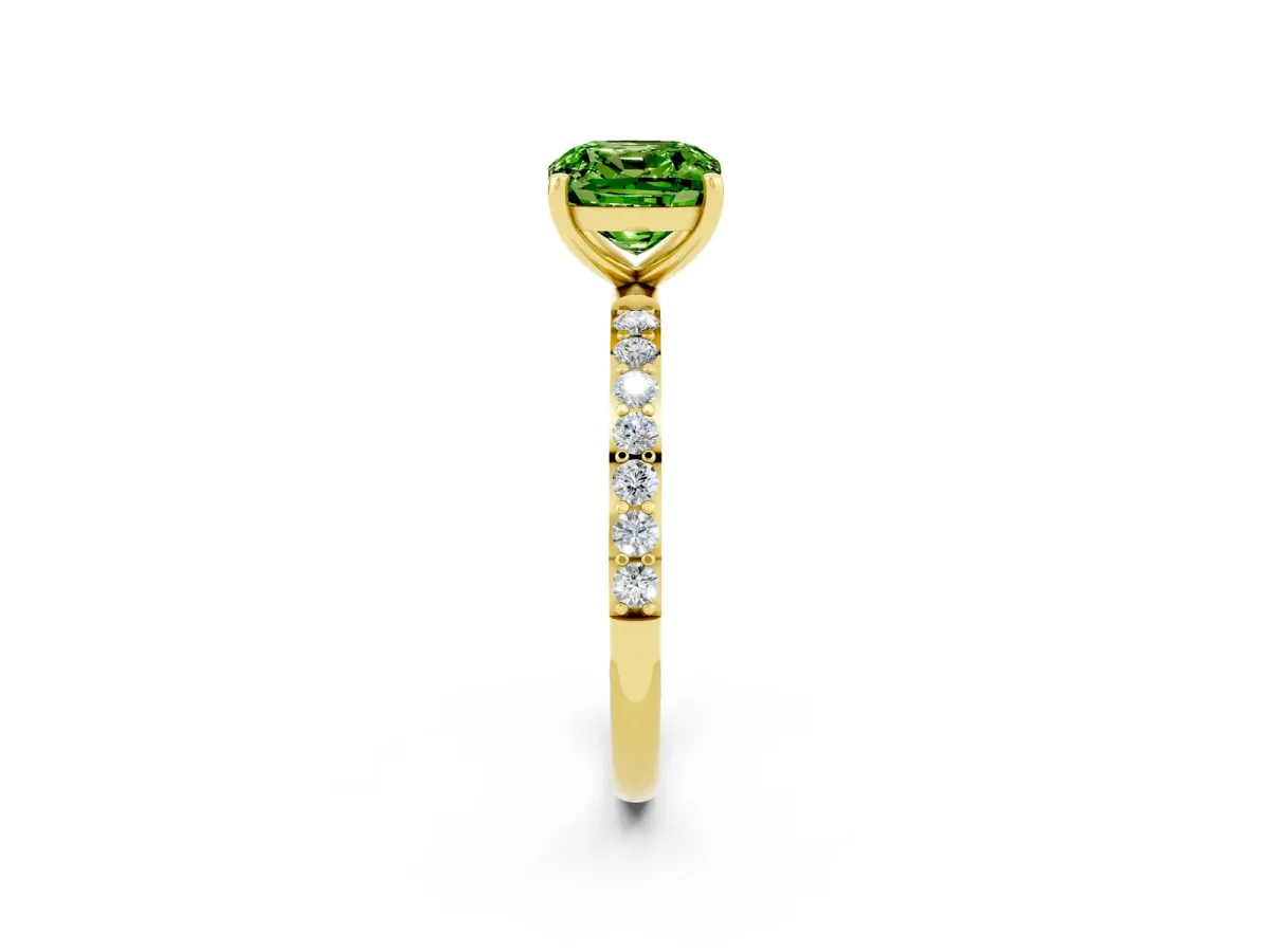 Cushion Cut Peridot Solitaire Ring with Round Pavé Band and Prong Setting Yellow gold