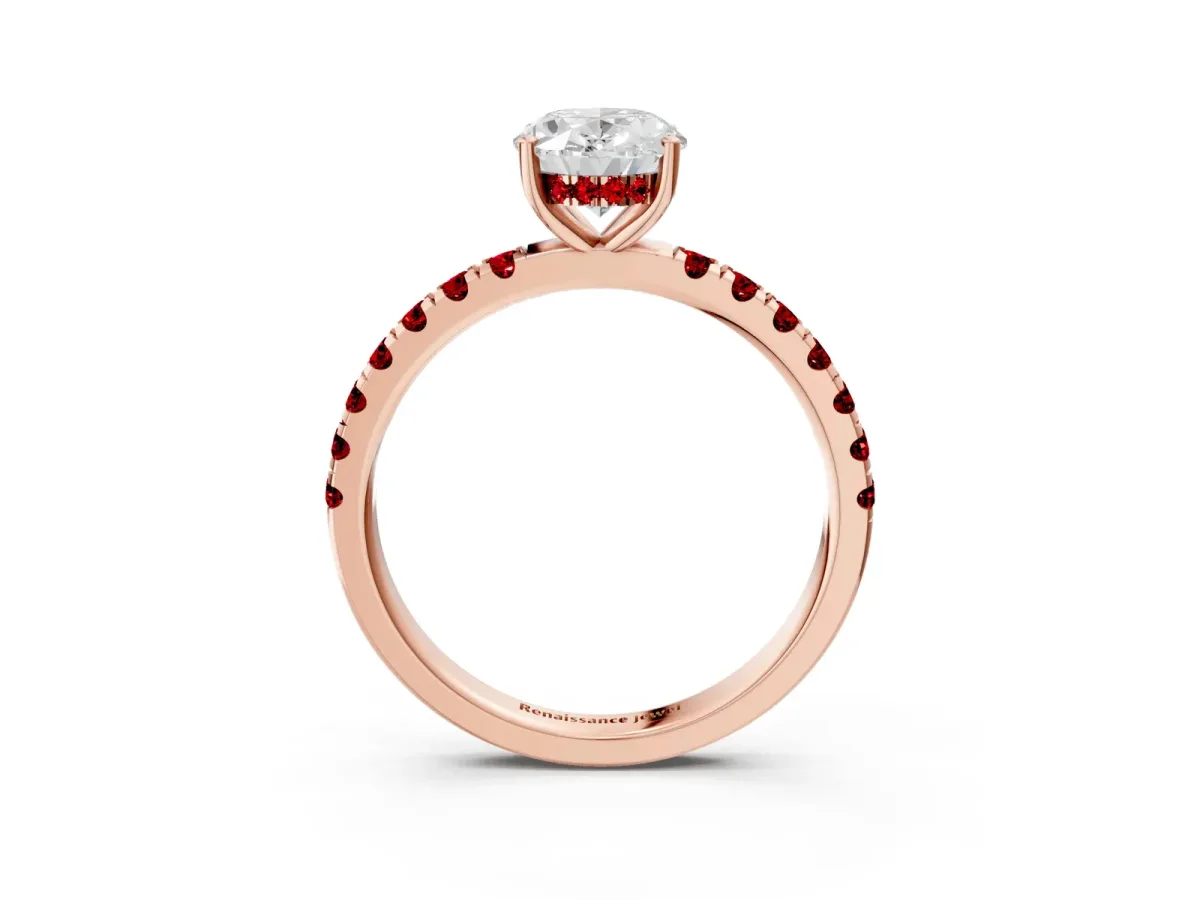 Oval Cut Diamond Pave Band Solitaire Ring with Round Ruby and Prong Setting Rose gold