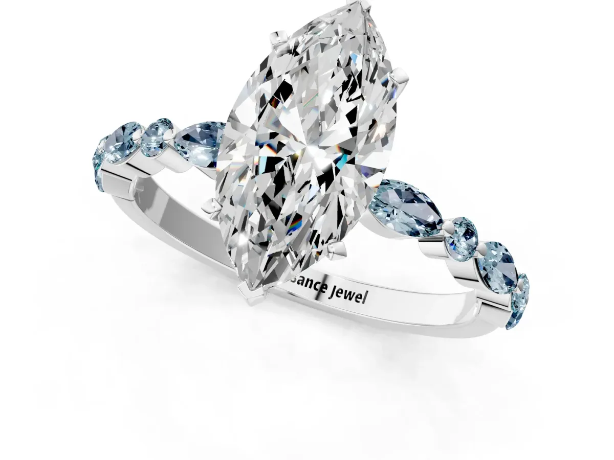 Marquise Cut Diamond Ring with Marquise and Round Aquamarine Side Stones and Four-Prong Setting Silver