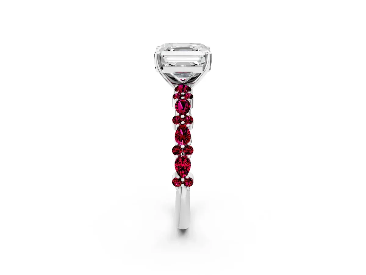 Asscher Cut Diamond Side Stone Solitaire Ring with Round Garnet and Four-Prong Setting Silver
