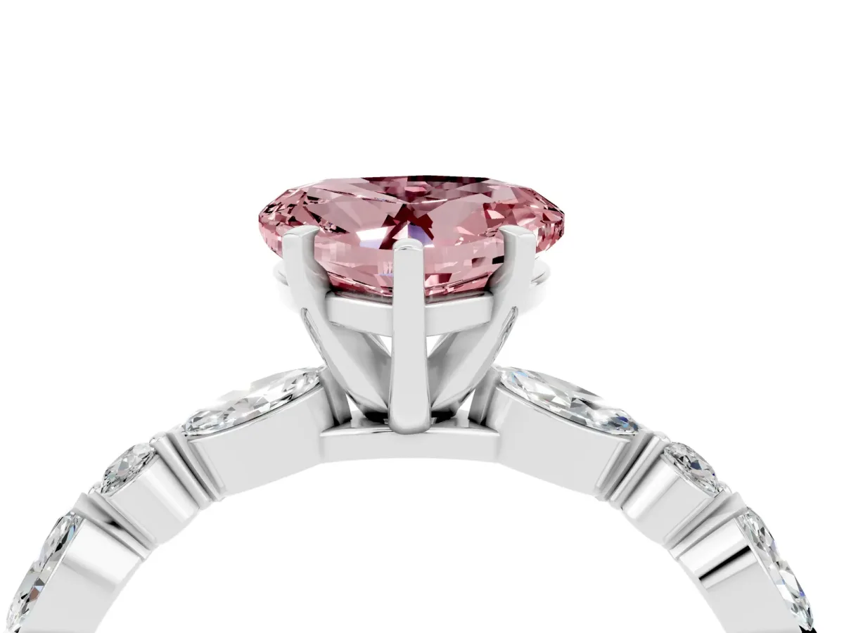 Heart Cut Morganite Ring with Marquise and Round Side Stones and Four-Prong Setting Silver