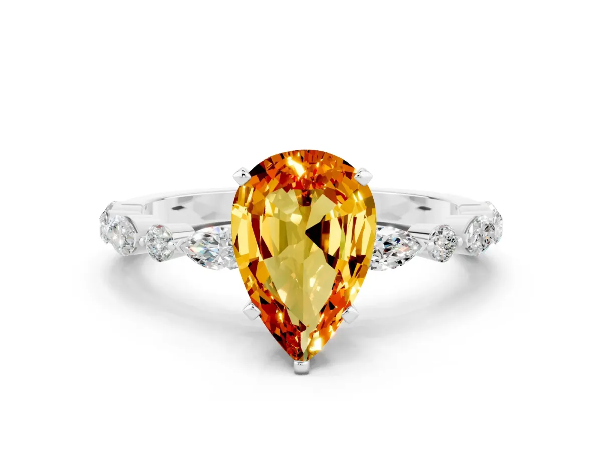 Pear Cut Citrine Ring with Marquise and Round Side Stones and Four-Prong Setting Platinum