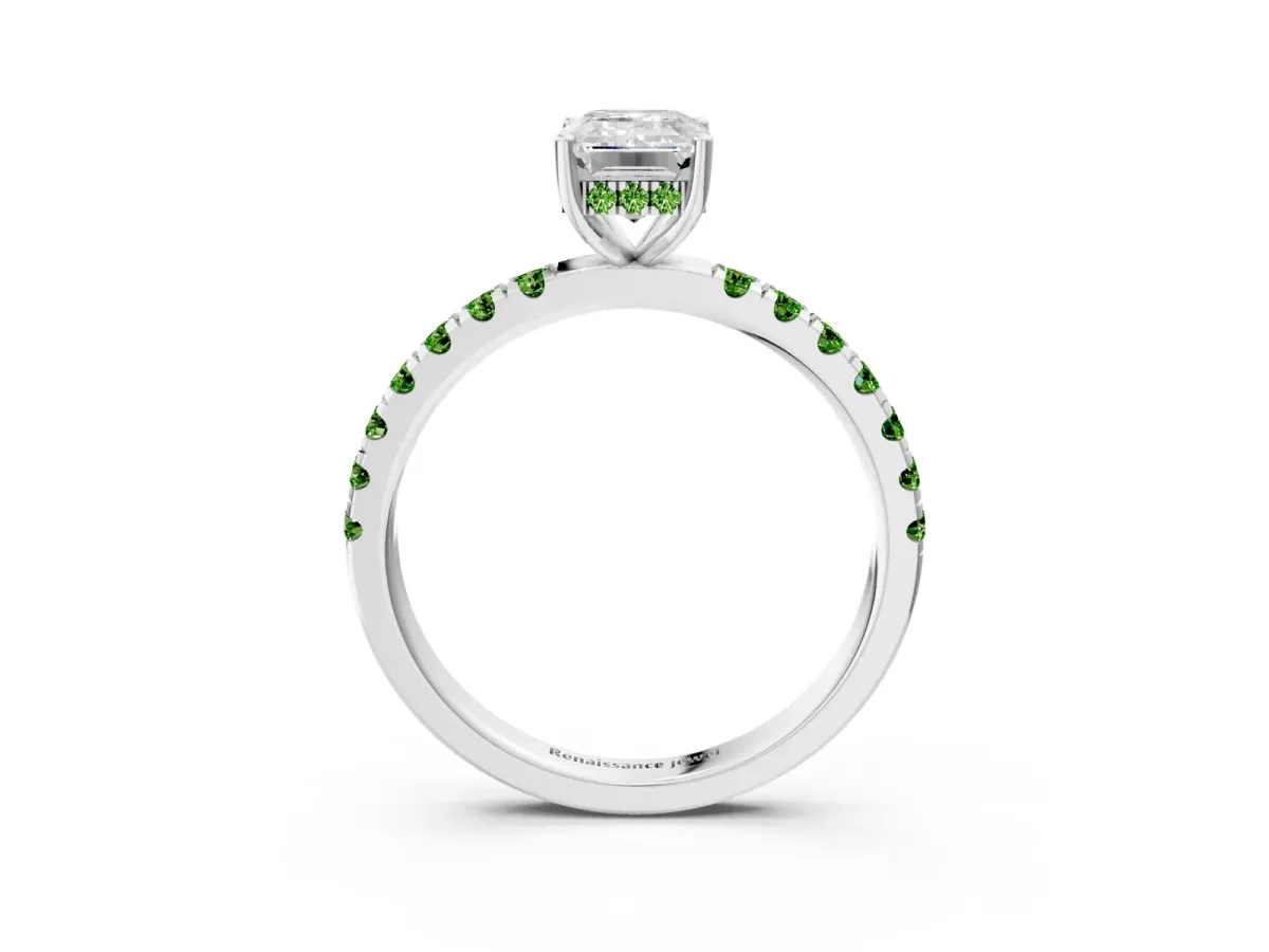 Emerald Cut Diamond Pave Band Solitaire Ring with Round Peridot and Prong Setting Platinum