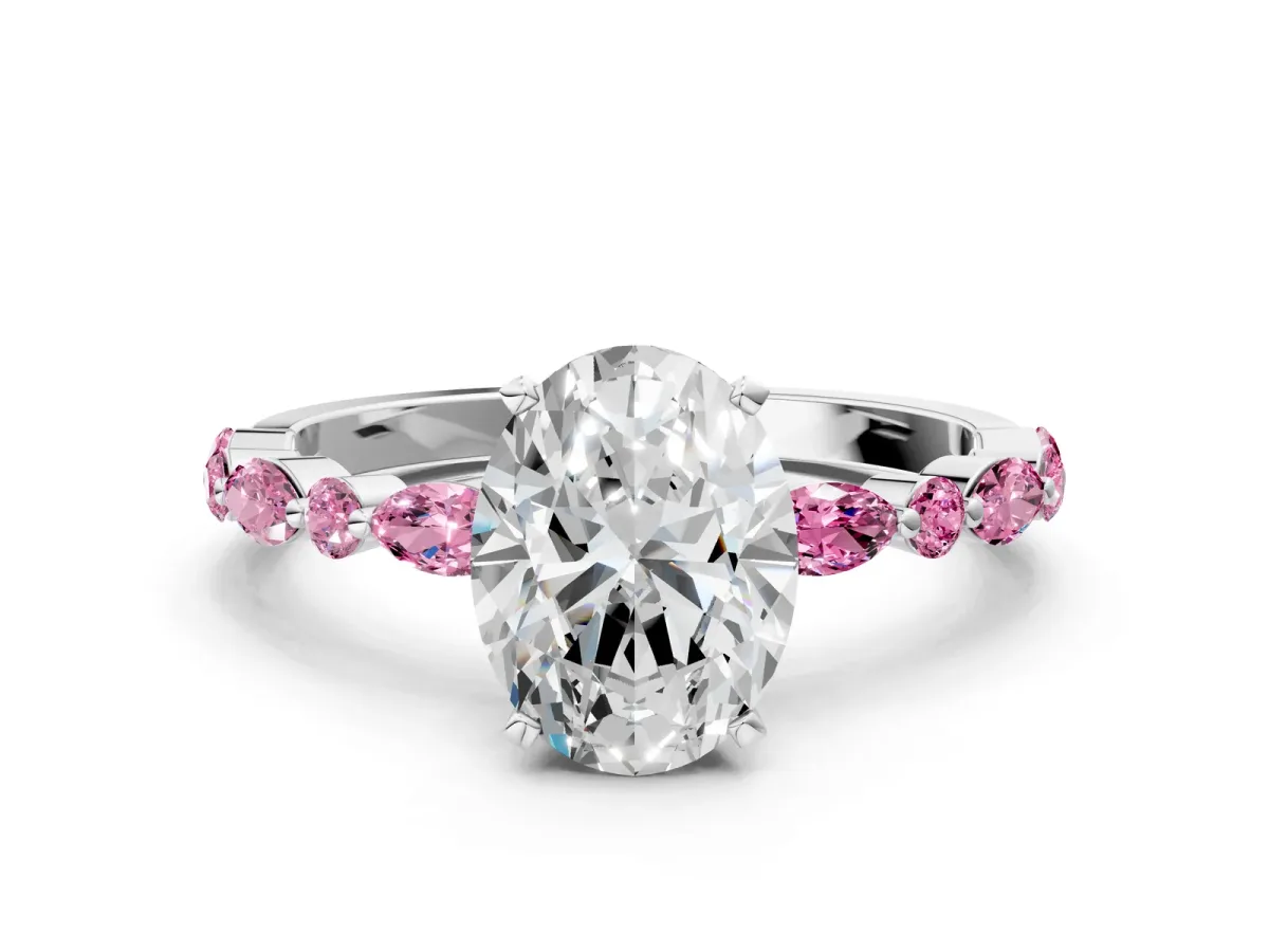 Oval Cut Diamond Ring with Marquise and Round Pink Sapphire Side Stones and Four-Prong Setting Silver