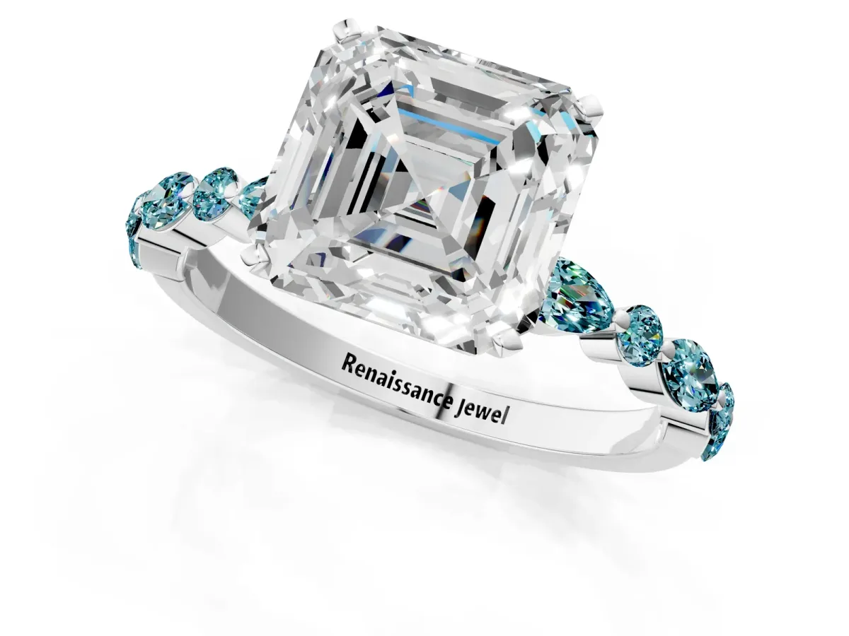 Asscher Cut Diamond Ring with Marquise and Round Blue Topaz Side Stones and Four-Prong Setting Silver
