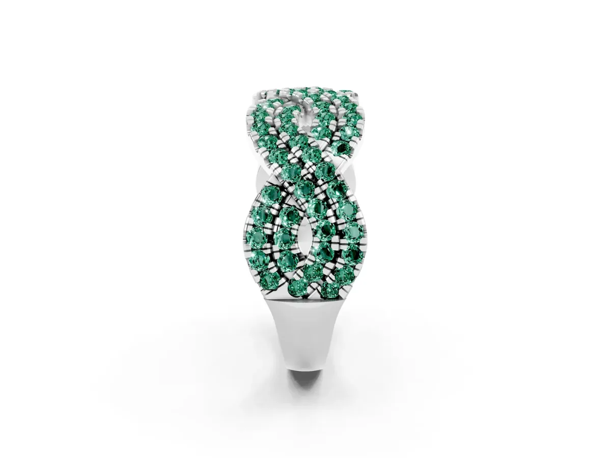 Pavé Round Green Sapphire Infinity Twist Band with Shared Prong Setting Silver