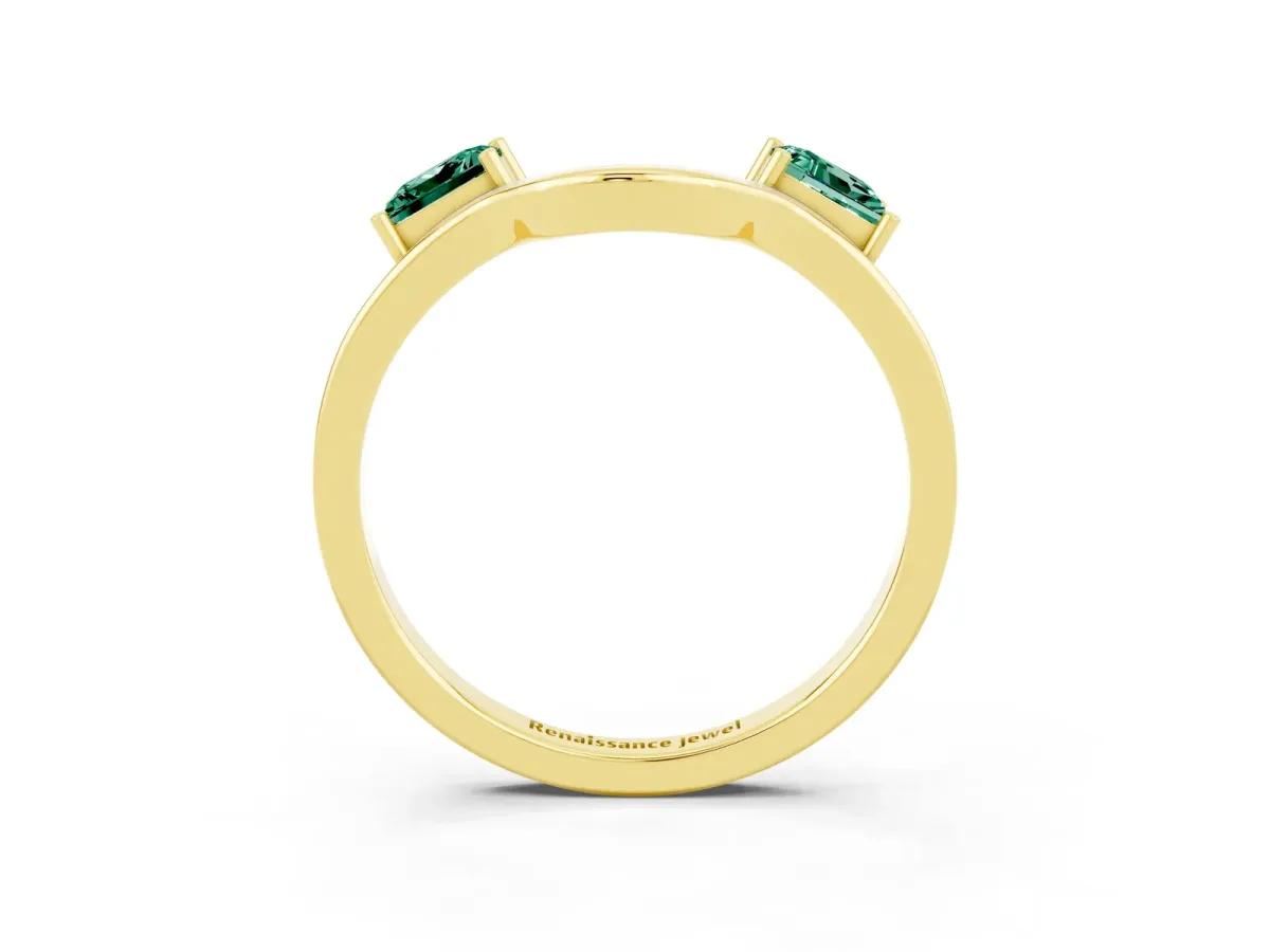 Princess Cut Green Sapphire Two-Stone Open Band Ring with Four-Prong Setting Yellow gold