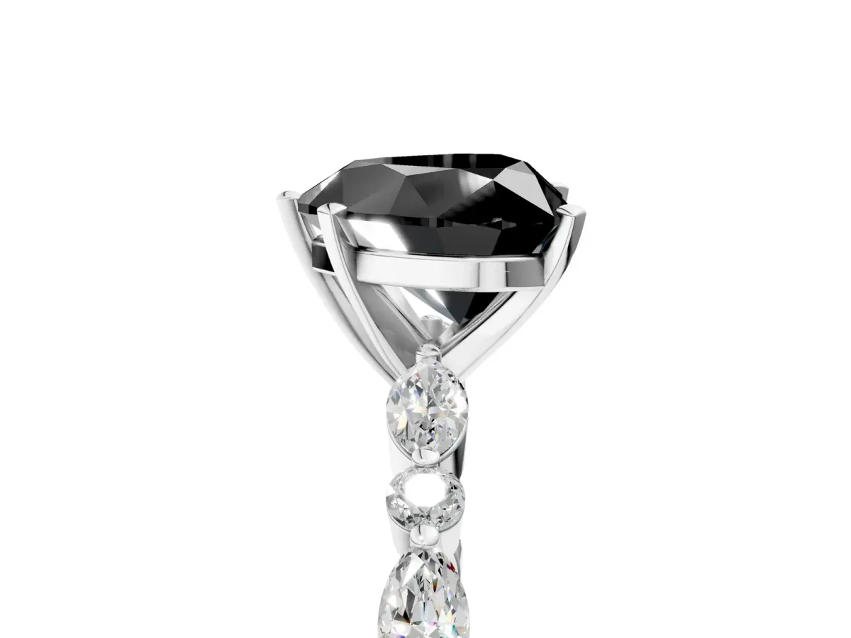 Fancy Black Heart Cut Diamond Ring with Marquise and Round Side Stones and Four-Prong Setting Silver