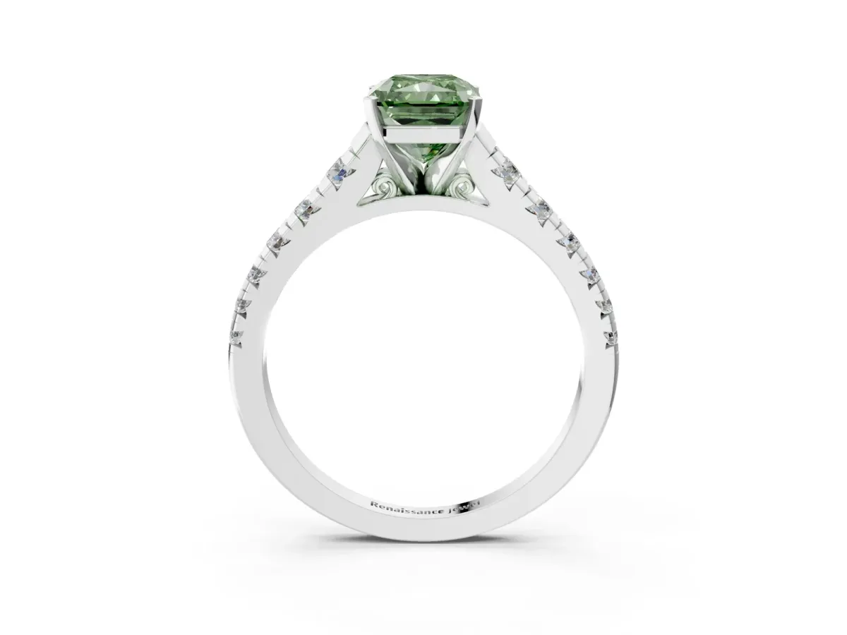 Fancy Green Radiant Cut Diamond Cathedral Solitaire Ring with Round Pavé Band Platinum