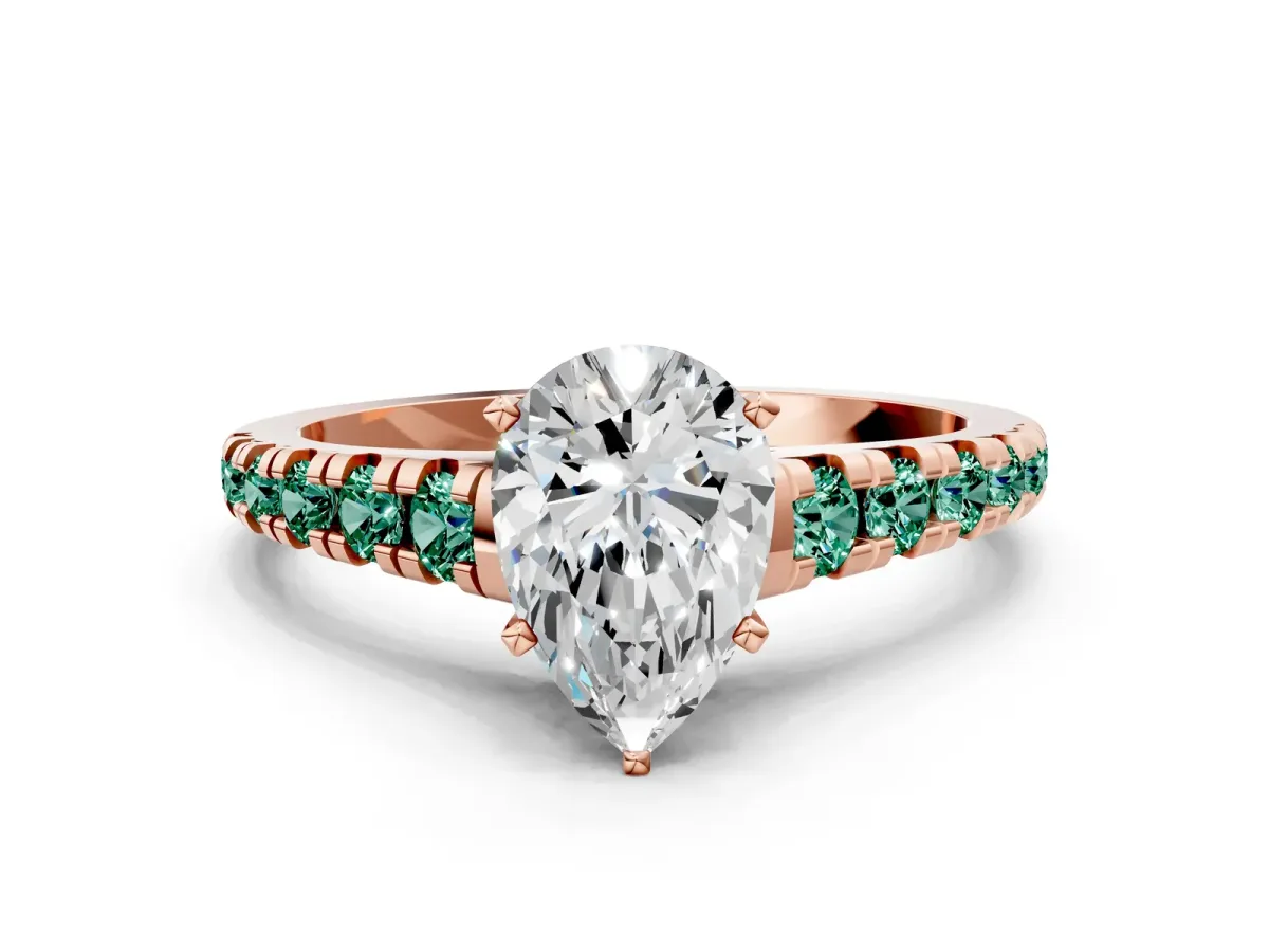 Pear Cut Diamond Cathedral Solitaire Ring with Round Green Sapphire Pavé Band Rose gold