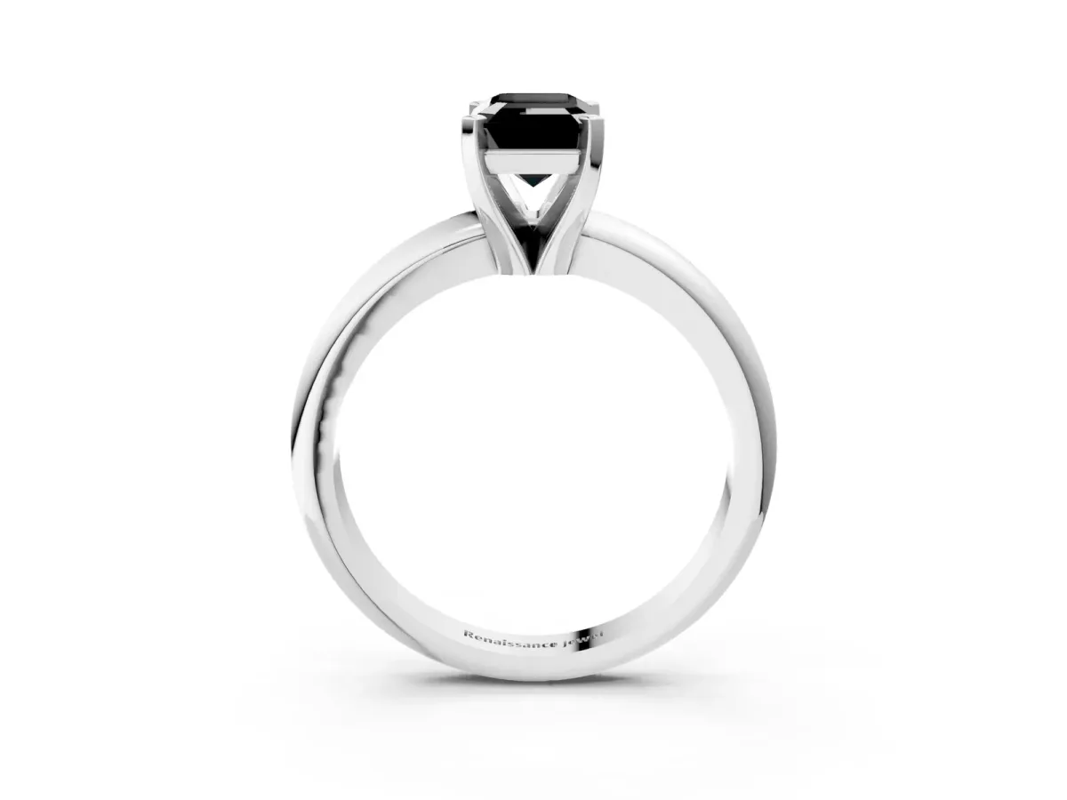 Fancy Black Emerald Cut Diamond Solitaire Engagement Ring with Round Band and Four-Prong Setting White gold