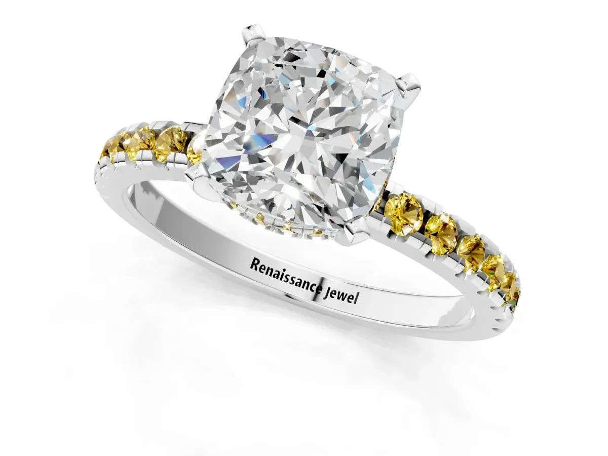 Cushion Cut Diamond Solitaire Ring with Round Yellow Sapphire Pavé Band and Four-Prong Setting Silver