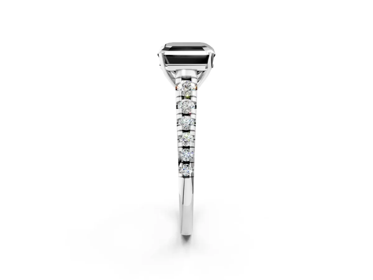 Fancy Black Asscher Cut Diamond Cathedral Solitaire Ring with Round Pavé Band White gold