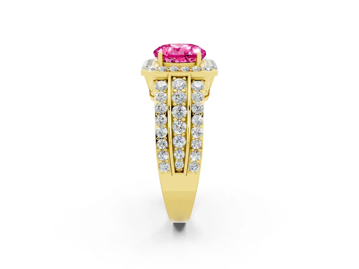 Round Cut Halo Pink Sapphire Ring with Round Split Shank and Prong Setting Yellow gold