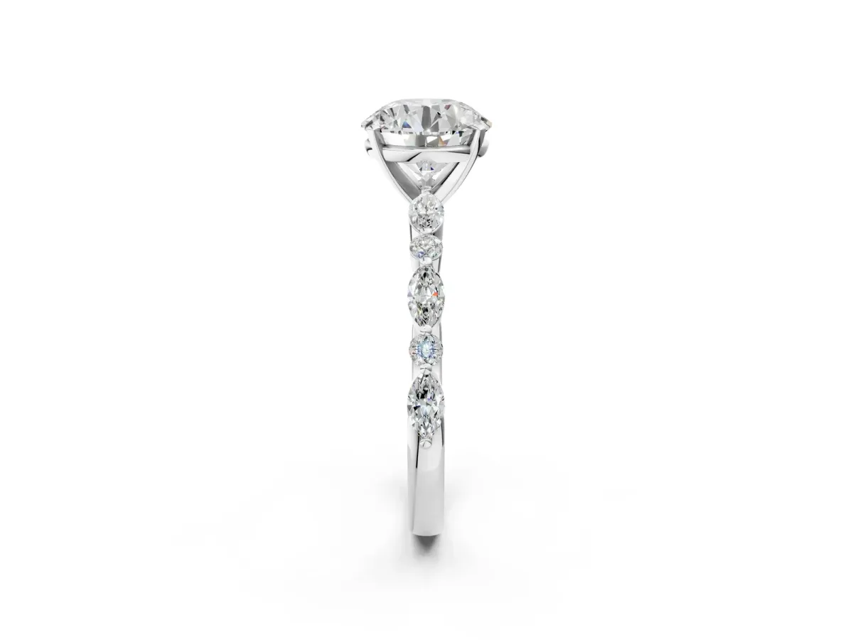 Round Cut Diamond Ring with Marquise and Round Moissanite Side Stones and Four-Prong Setting Silver