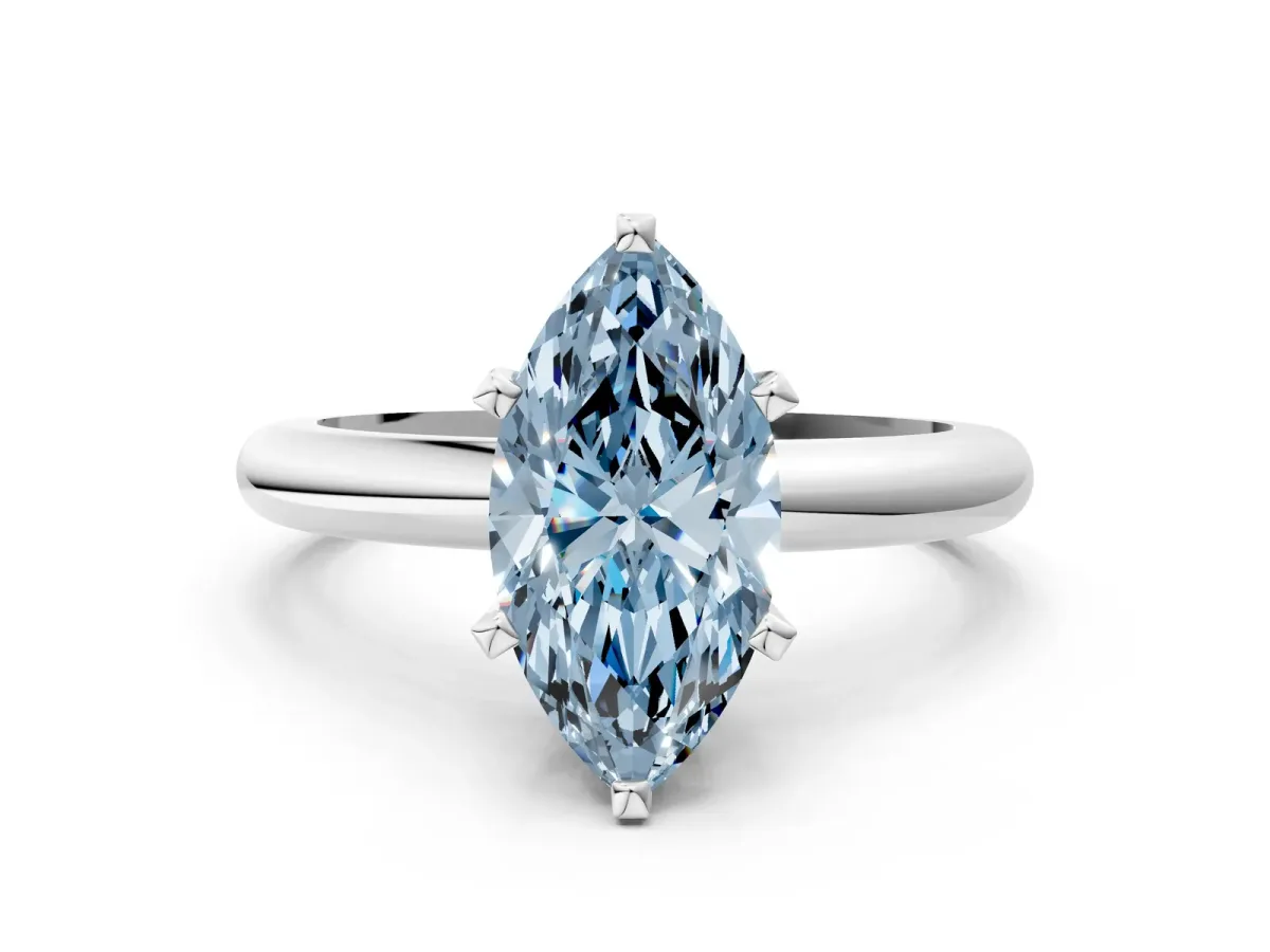 Fancy Blue Marquise Cut Diamond Solitaire Engagement Ring with Round Band and Four-Prong Setting Platinum