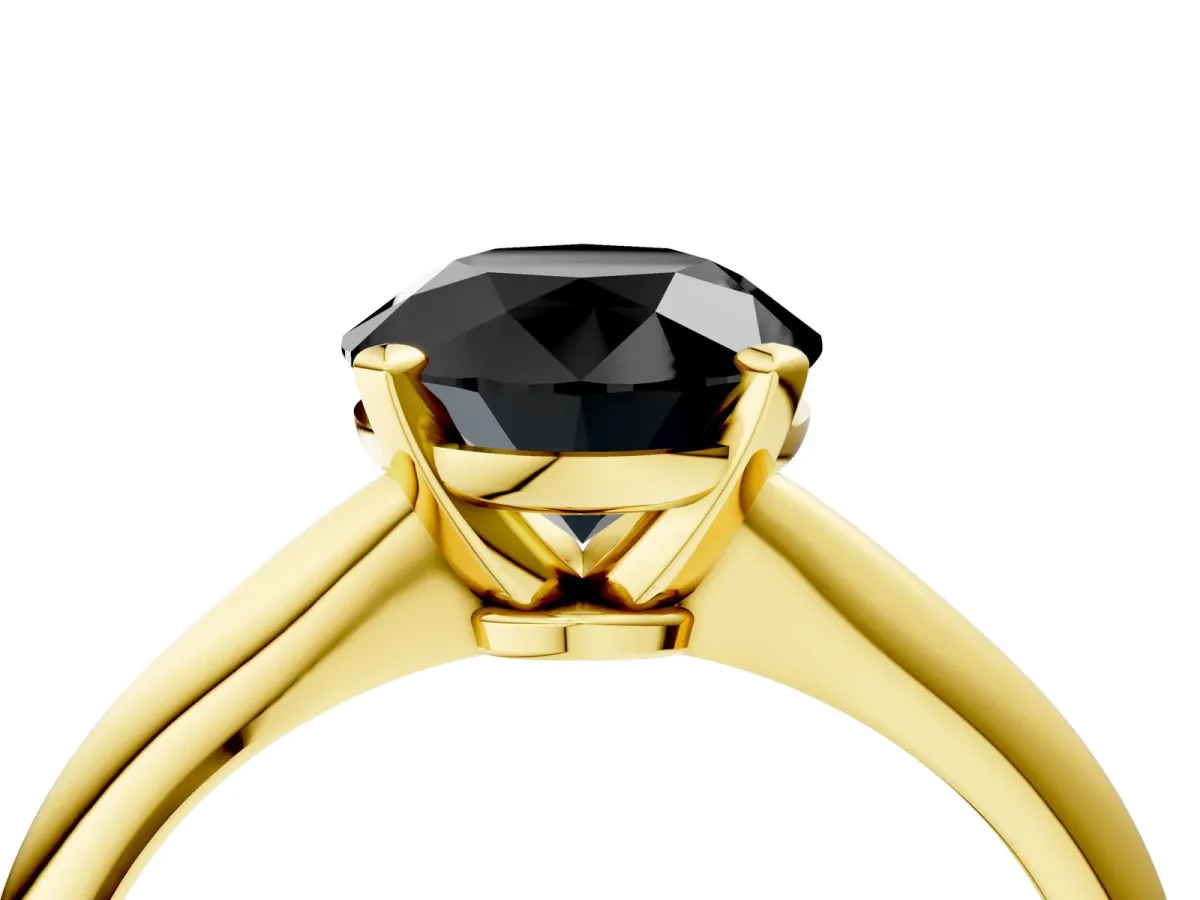 Fancy Black Round Cut Diamond Solitaire Engagement Ring with Classic Band and Four-Prong Setting Yellow gold