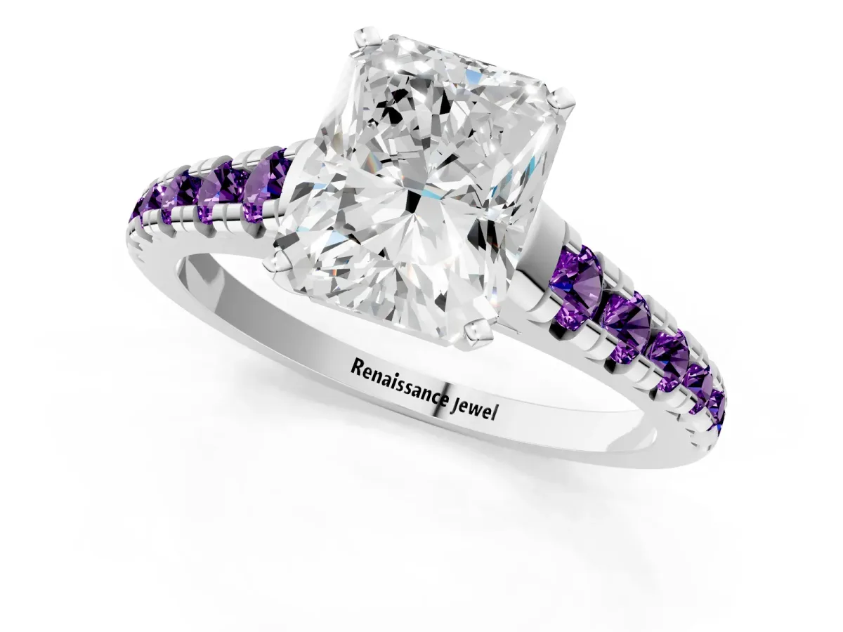 Radiant Cut Diamond Cathedral Solitaire Ring with Round Amethyst Pavé Band White gold