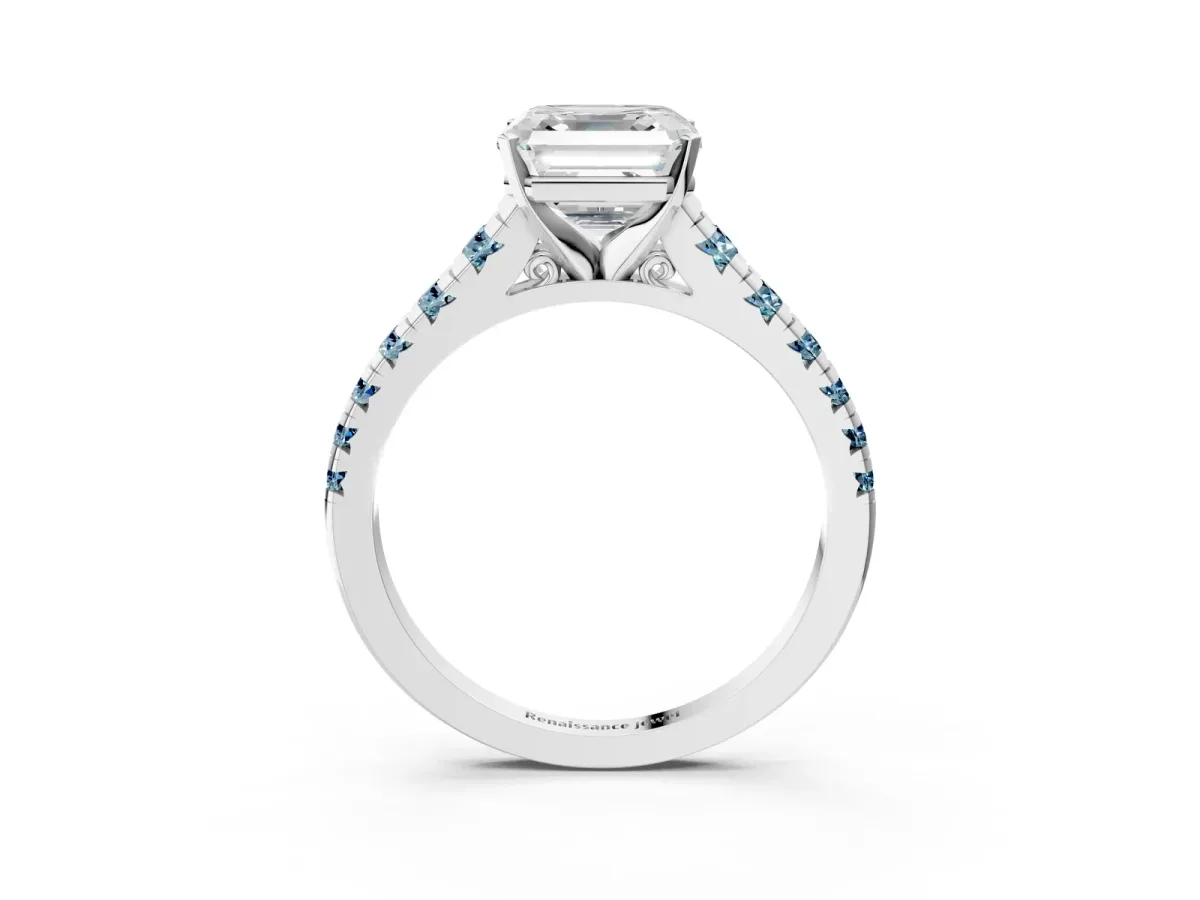 Asscher Cut Diamond Cathedral Solitaire Ring with Round Aquamarine Pavé Band Silver