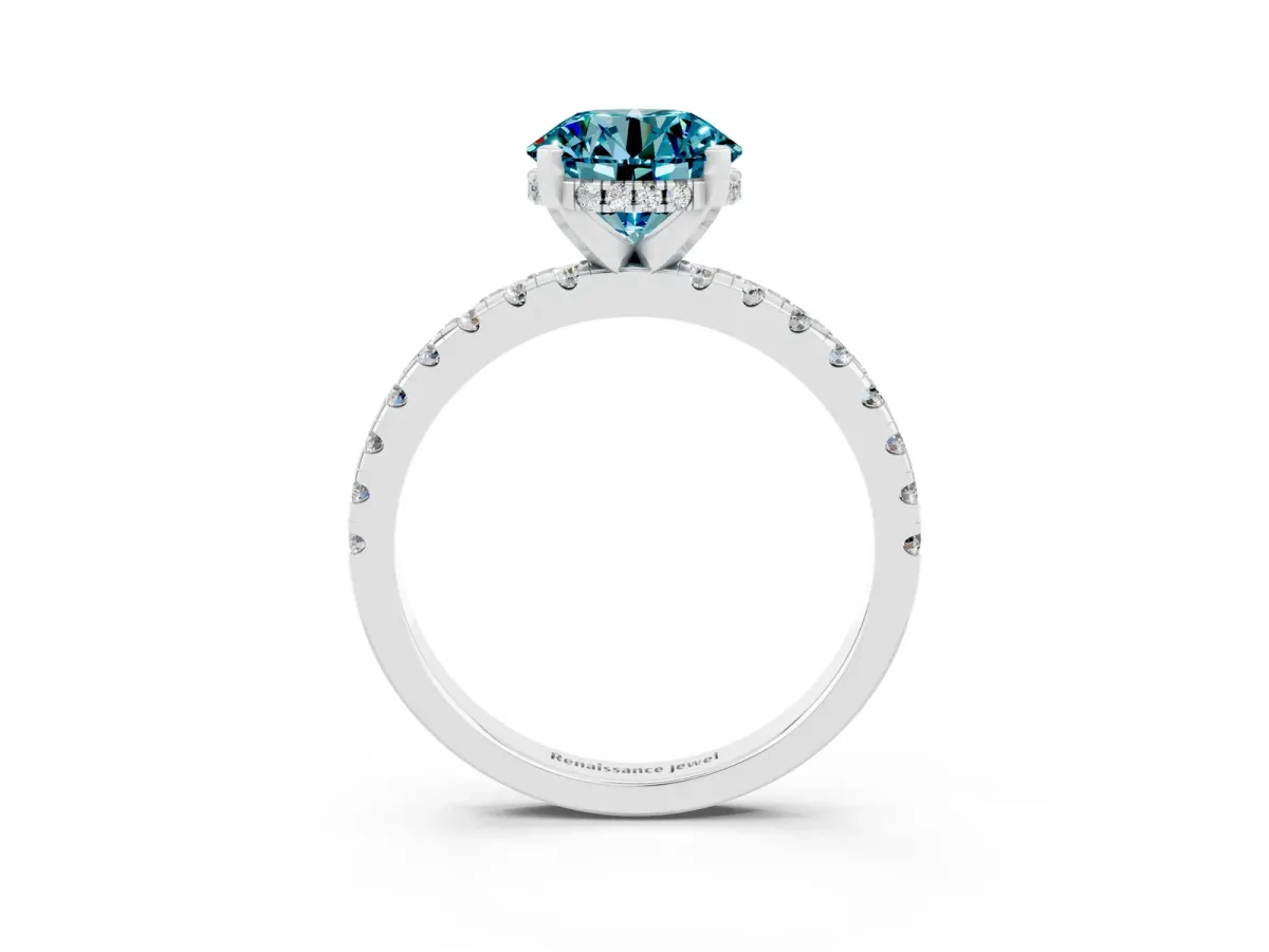 Round Cut Blue Topaz Solitaire Ring with Round Pavé Band and Four-Prong Setting Platinum