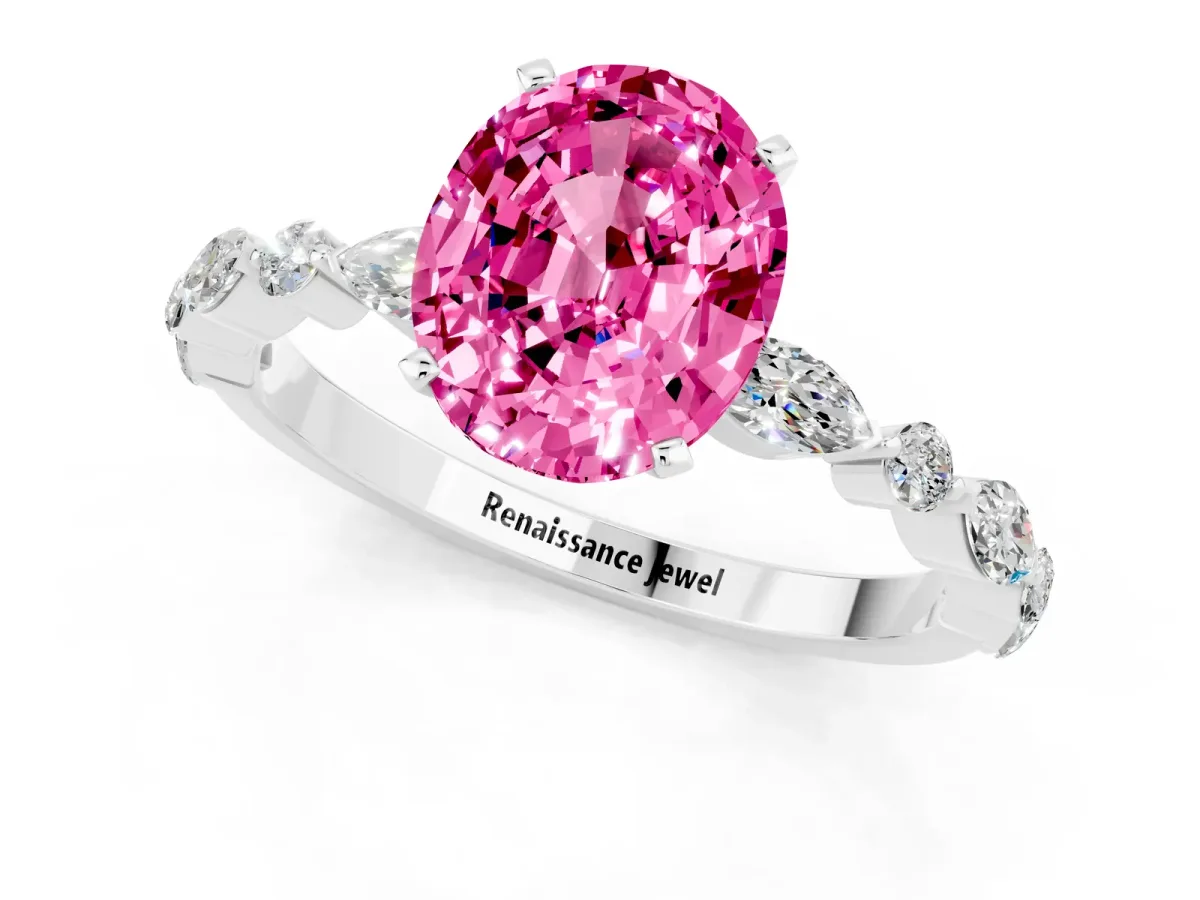 Oval Cut Pink Sapphire Ring with Marquise and Round Side Stones and Four-Prong Setting Platinum