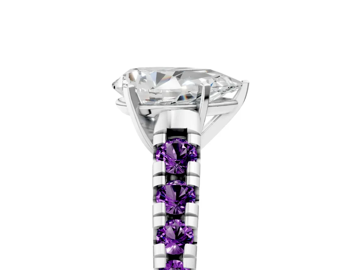 Pear Cut Diamond Cathedral Solitaire Ring with Round Amethyst Pavé Band Silver