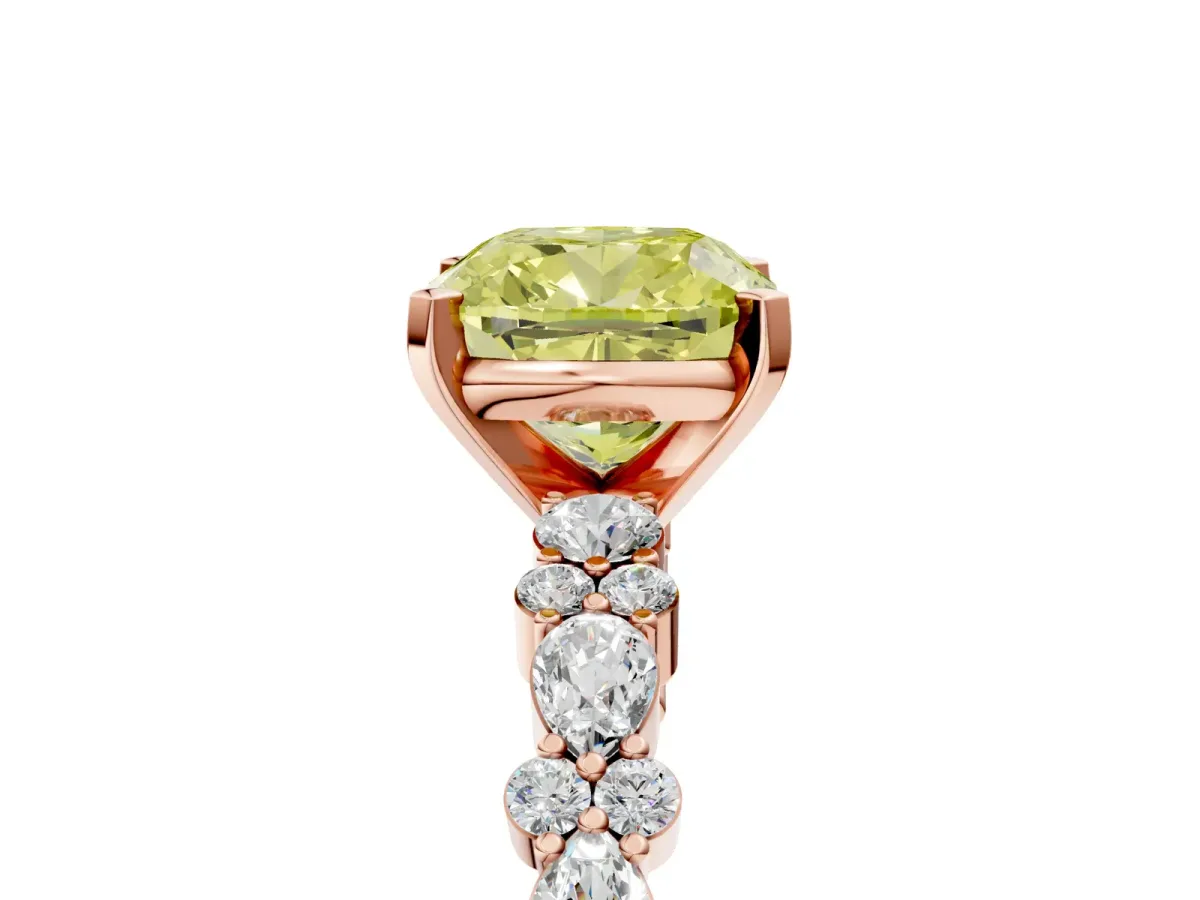 Fancy Yellow Cushion Cut Diamond Side Stone Solitaire Ring with Round and Four-Prong Setting Rose gold