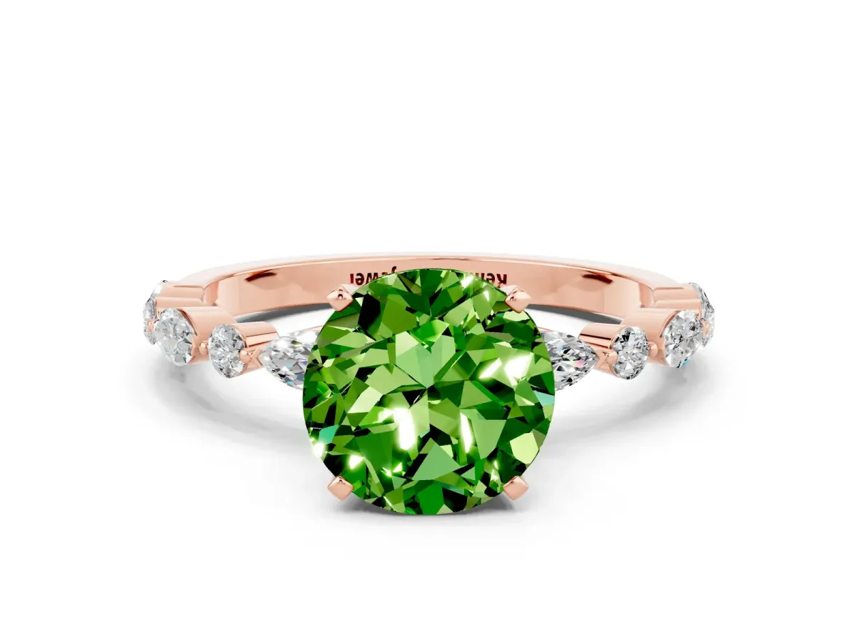 Round Cut Peridot Ring with Marquise and Round Side Stones and Four-Prong Setting Rose gold