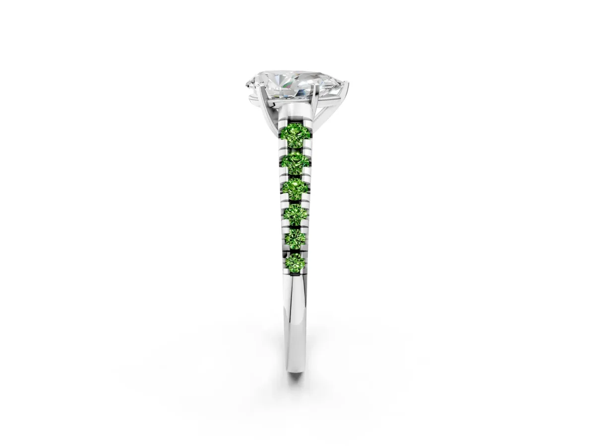 Pear Cut Diamond Cathedral Solitaire Ring with Round Peridot Pavé Band White gold