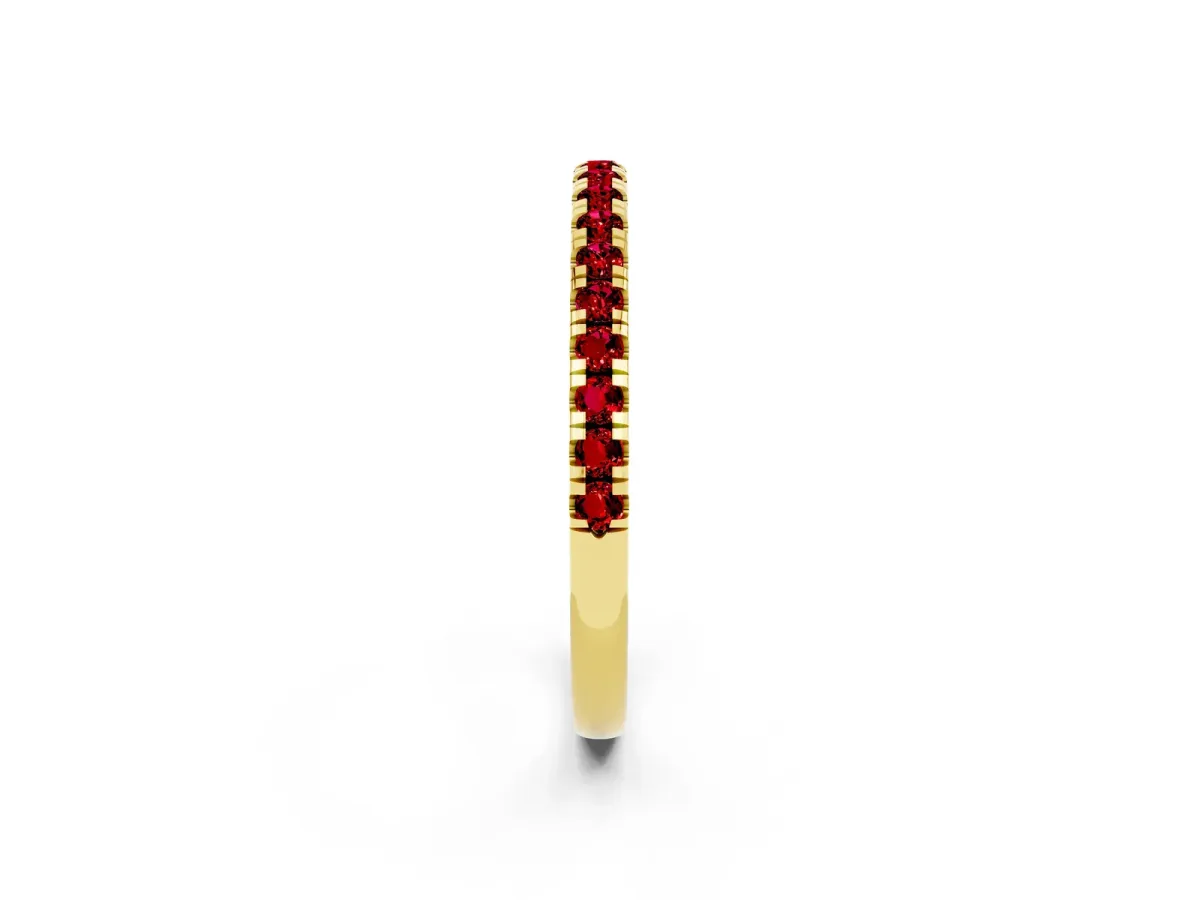 Pavé Round Ruby Half Eternity Band with Shared Prong Setting Yellow gold