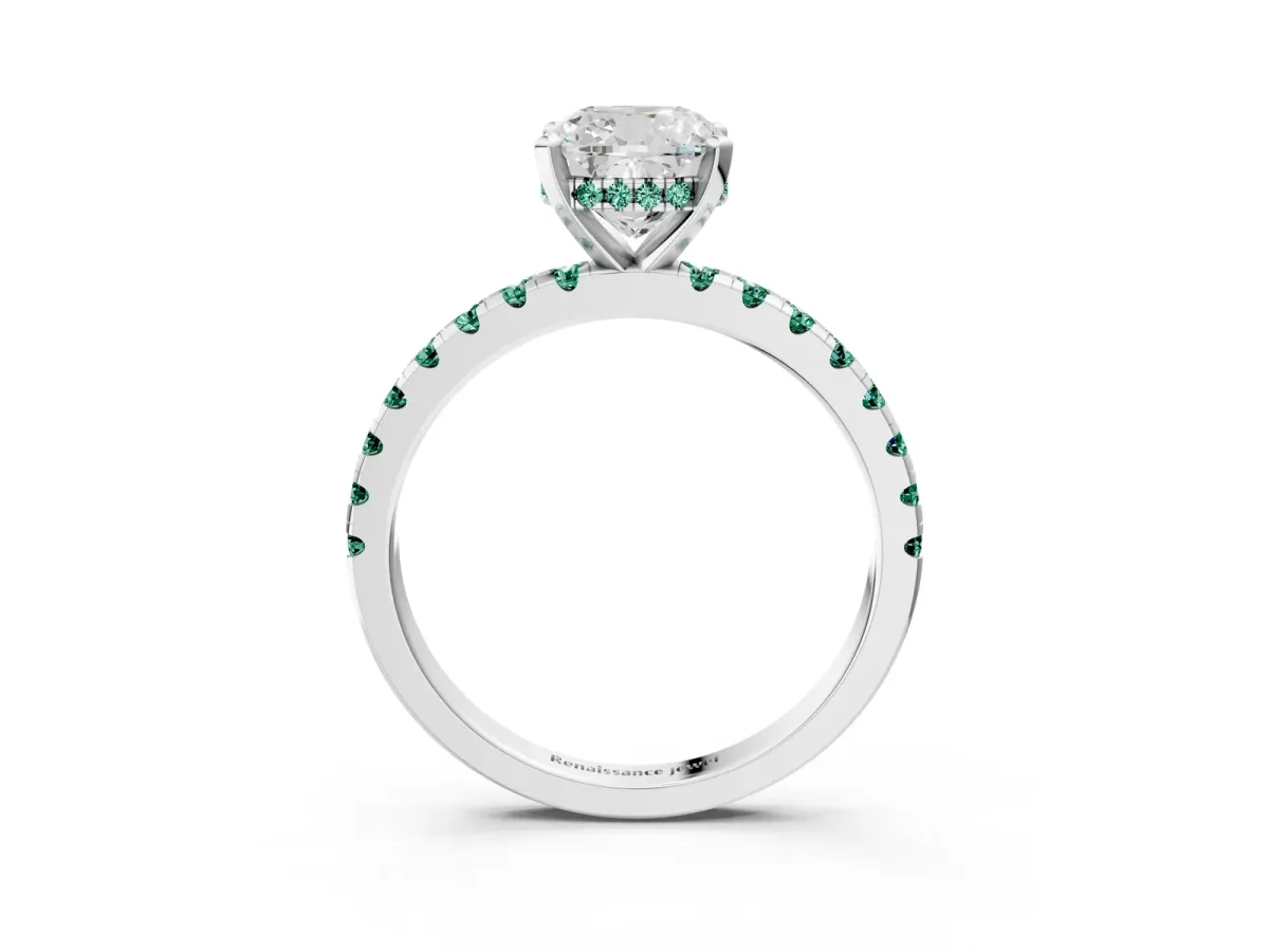 Cushion Cut Diamond Solitaire Ring with Round Green Sapphire Pavé Band and Four-Prong Setting Silver