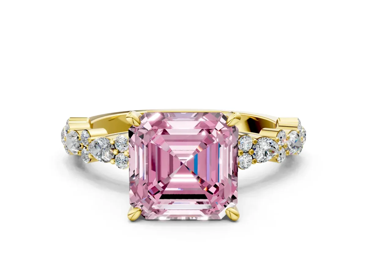 Fancy Pink Asscher Cut Diamond Side Stone Solitaire Ring with Round and Four-Prong Setting Yellow gold