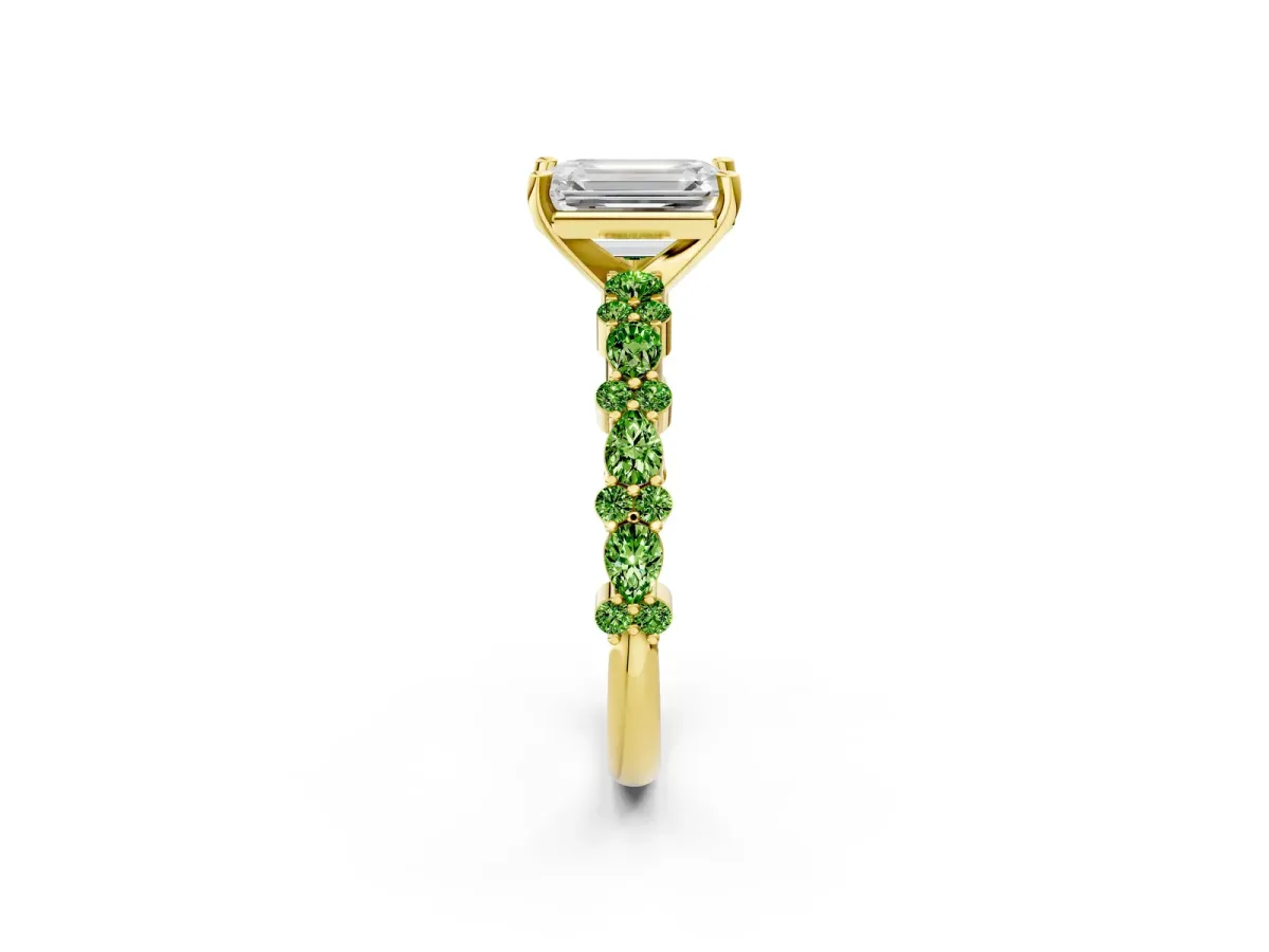 Emerald Cut Diamond Side Stone Solitaire Ring with Round Peridot and Four-Prong Setting Yellow gold
