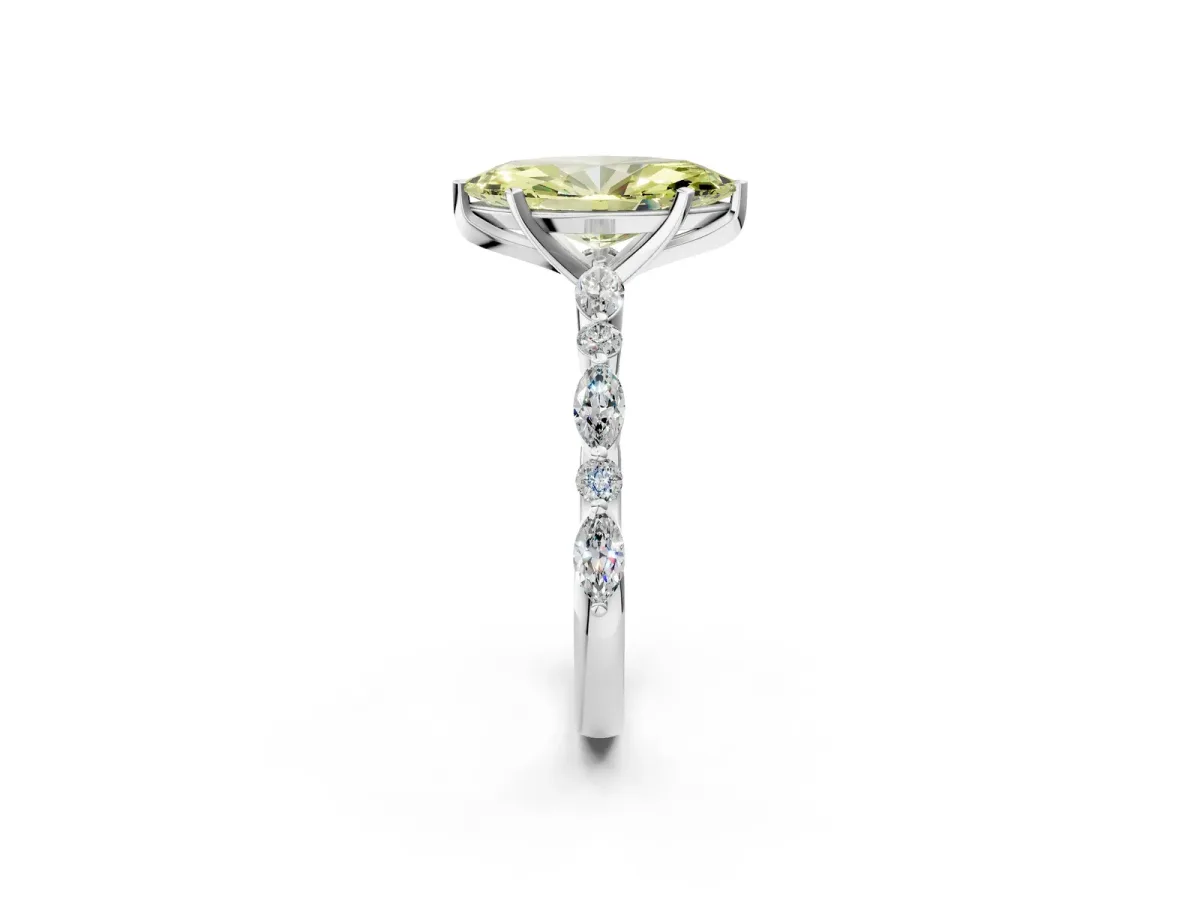 Fancy Yellow Marquise Cut Diamond Ring with Marquise and Round Side Stones and Four-Prong Setting Silver
