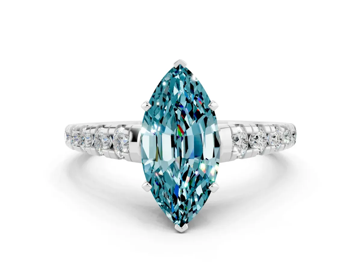 Marquise Cut Blue Topaz Cathedral Solitaire Ring with Round Pavé Band Silver
