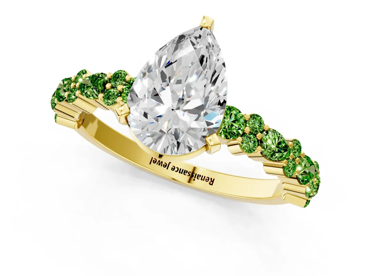Pear Cut Diamond Side Stone Solitaire Ring with Round Peridot and Four-Prong Setting Yellow gold
