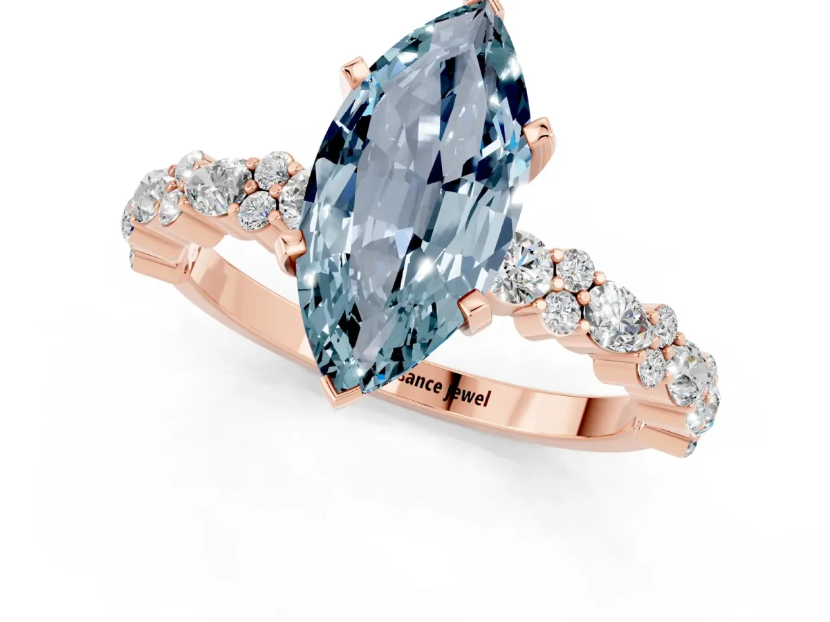 Marquise Cut Aquamarine Side Stone Solitaire Ring with Round and Four-Prong Setting Rose gold