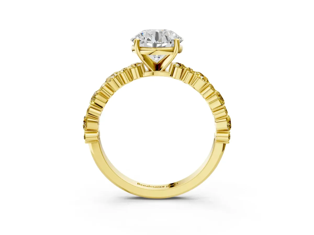 Round Cut Diamond Side Stone Solitaire Ring with Round Yellow Sapphire and Four-Prong Setting Yellow gold