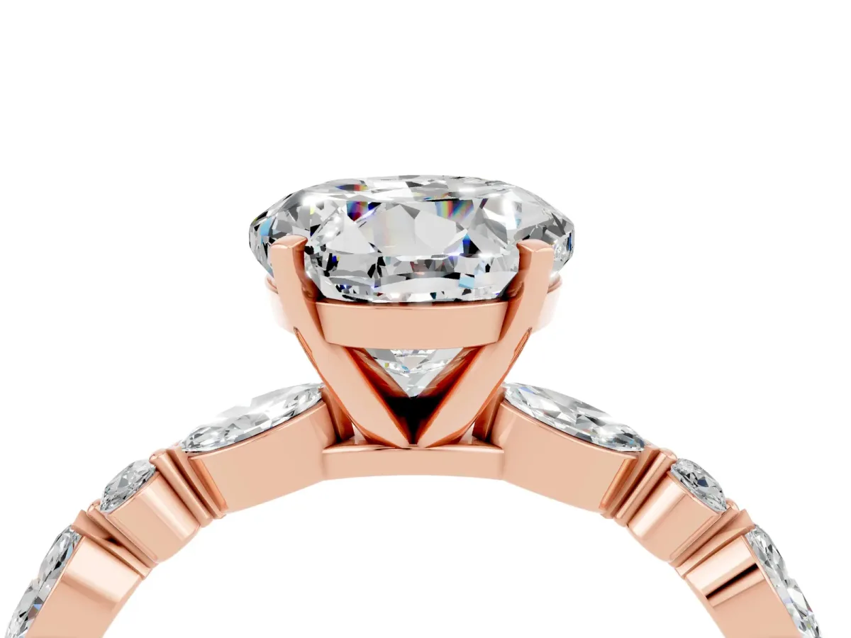 Round Cut Moissanite Ring with Marquise and Round Side Stones and Four-Prong Setting Rose gold